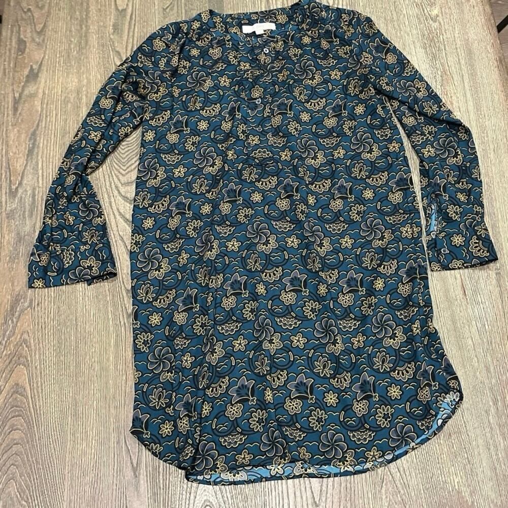 Ann Taylor LOFT Long Sleeve Dress Floral 1/2 Button Front Teal/Gold Size XS